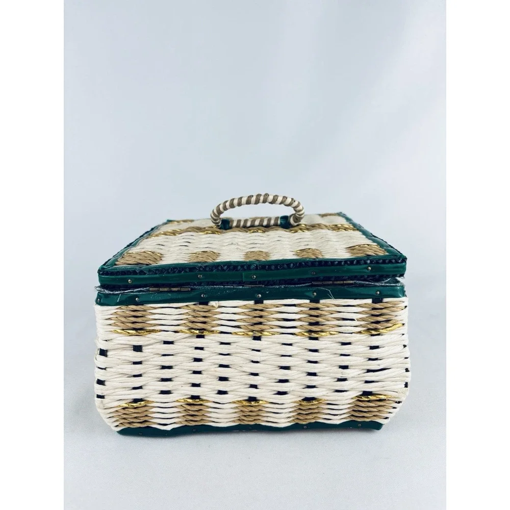 Vintage Wicker Sewing Basket / Music Box & Satin Lining Thread Supplies Works!